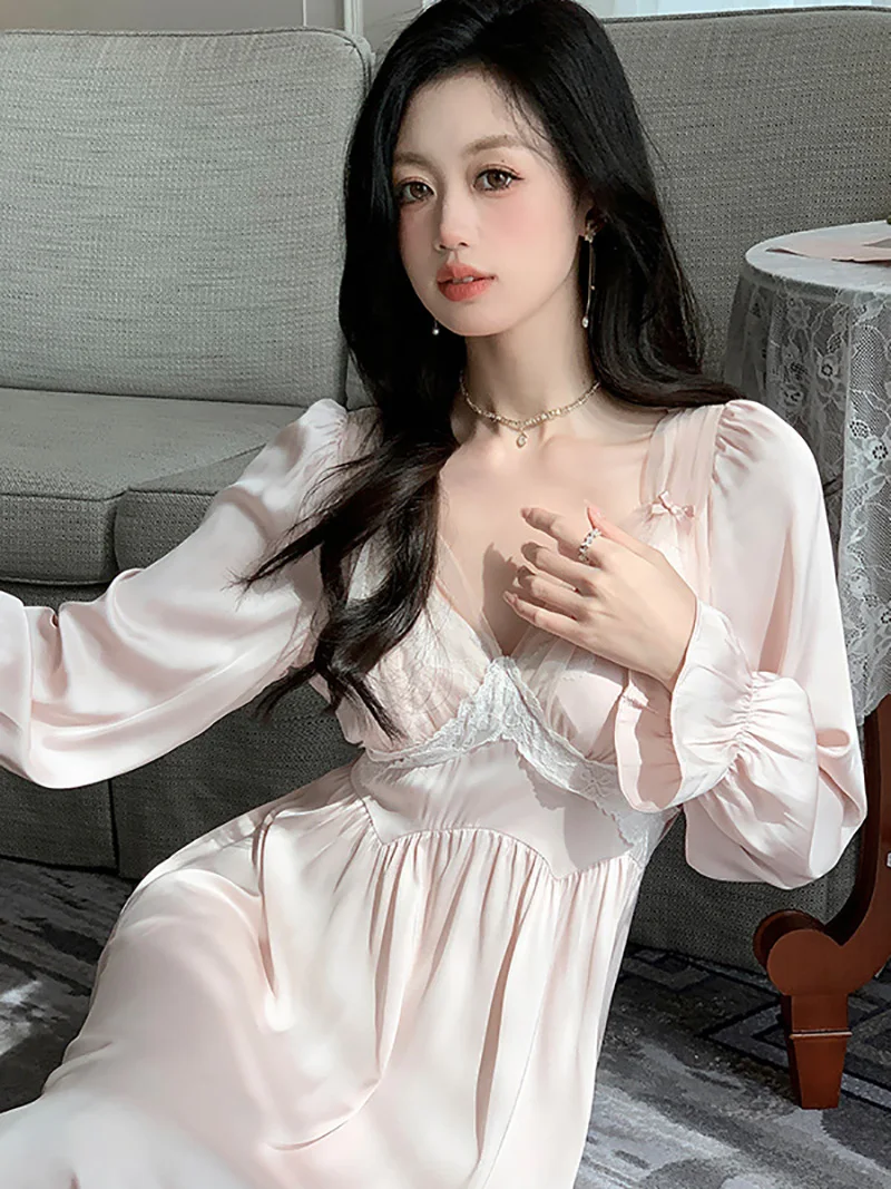 

Women French Silk Lace Princess Pajamas Sleepwear Sweet Girls Ruffles Sexy Lingerie Nighty Dress Homewear Victorian Nightgowns