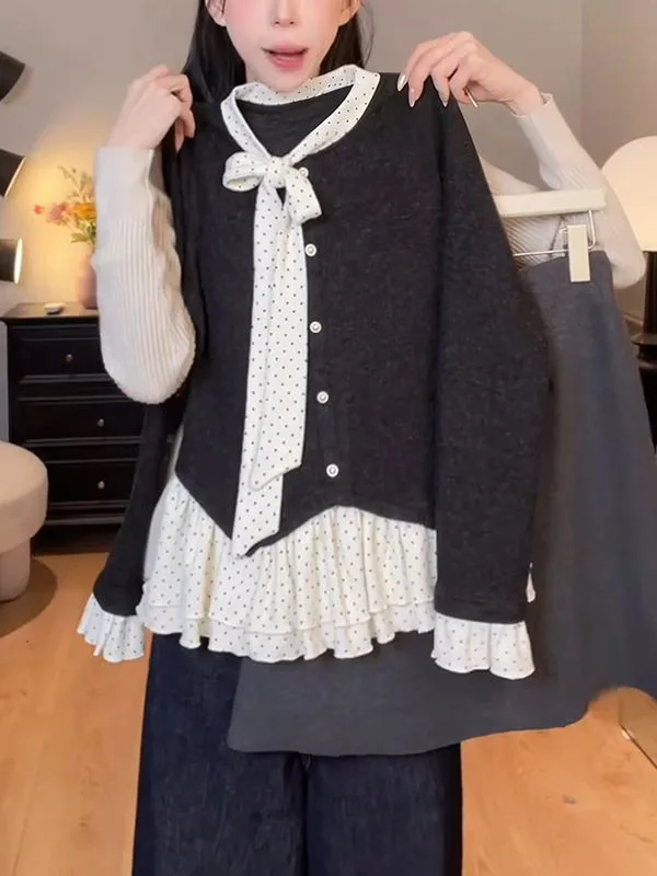 

Korean O-neck Bow Bandage Polka Dots Long Sleeve Knit Sweater Women Spring Ruffle Patchwork Casual Trendy Warm Bottoming Shirts