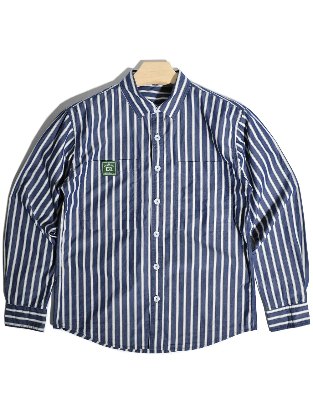 

Loose Casual Cotton Long Sleeve Striped Shirt Men's Vintage American Style Blue White Stripe Loose Fit Comfortable Breathable