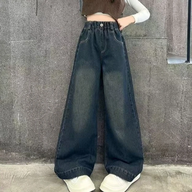

2025 New Style Stylish Wide-Leg Jeans for Tween Girls, Spring Autumn Children's Fashion Long Pants