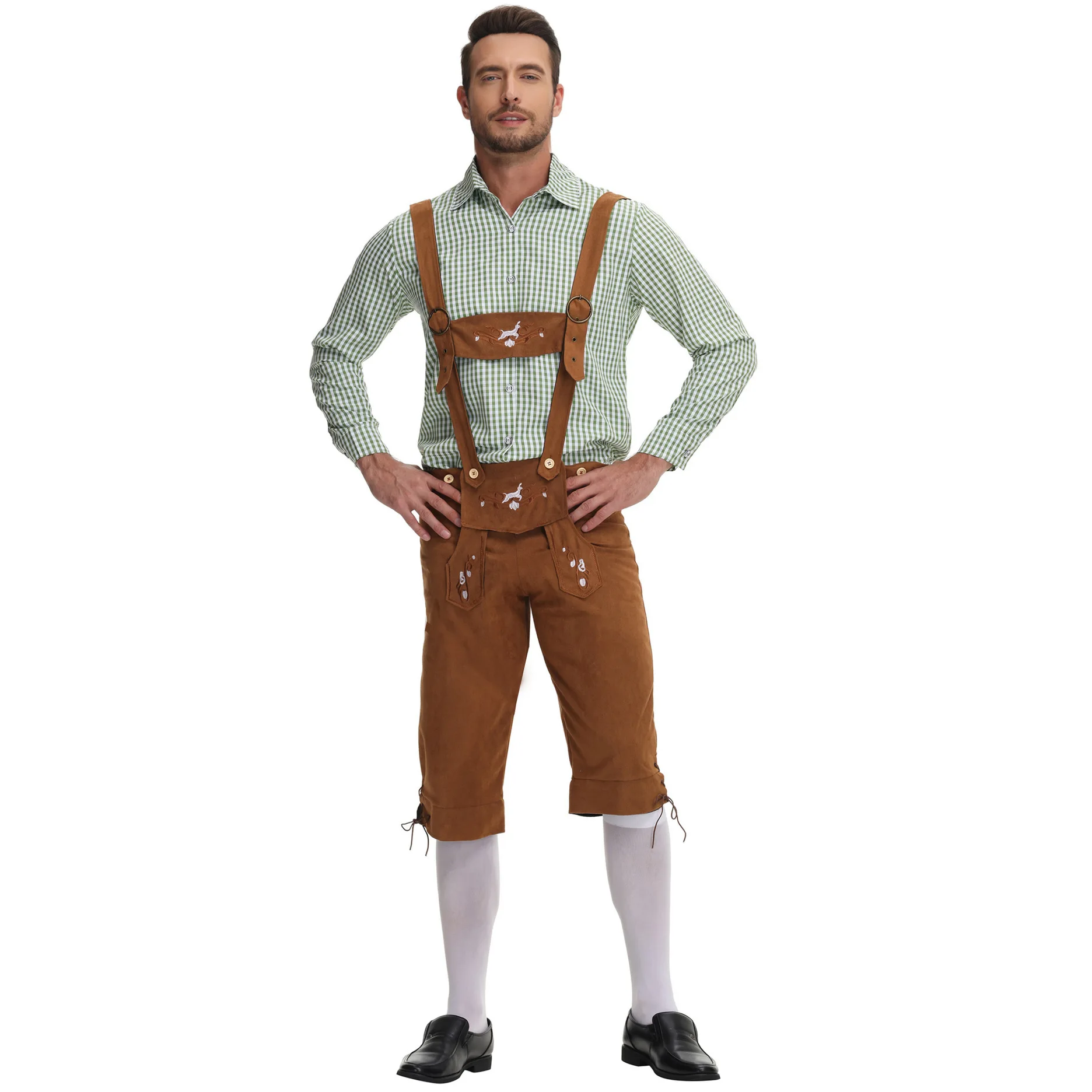 

German Octoberfest Man Traditional Jumpsuit with Green Grid Long Sleeve Shirt Halloween Bar Waiter Cosplay Cosutme 2025