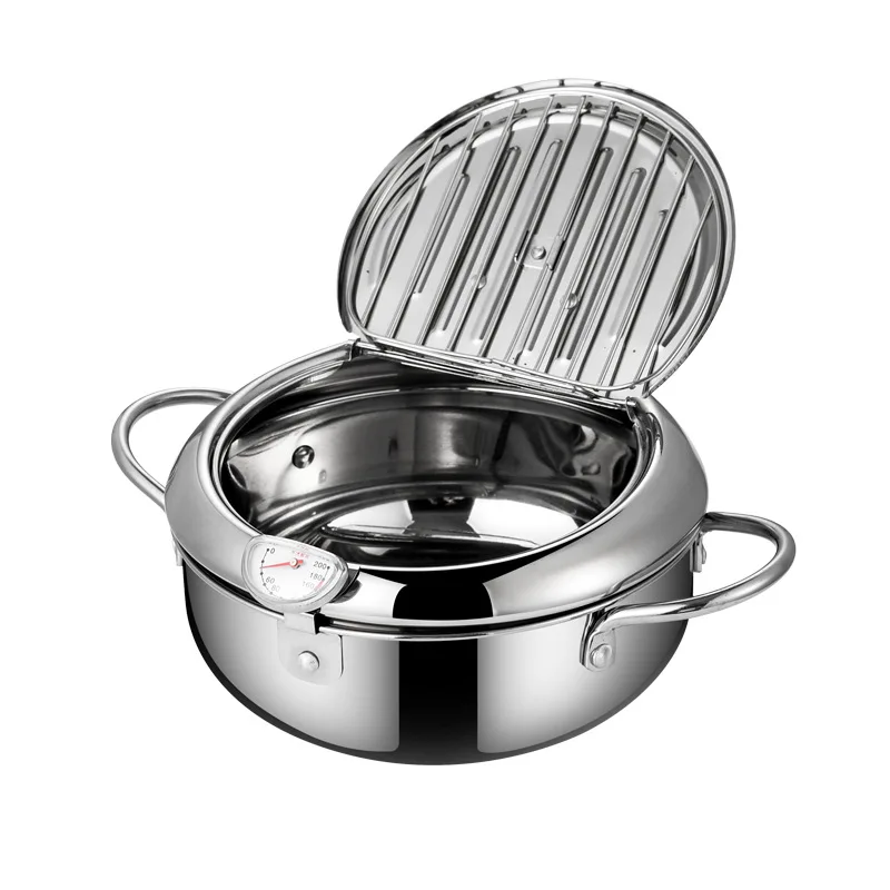 

Kitchen Deep Frying Pot with Thermometer and Lid Stainless Steel Pans Japanese Tempura Fryer Pan Fried Chicken Pot Cooking Tools