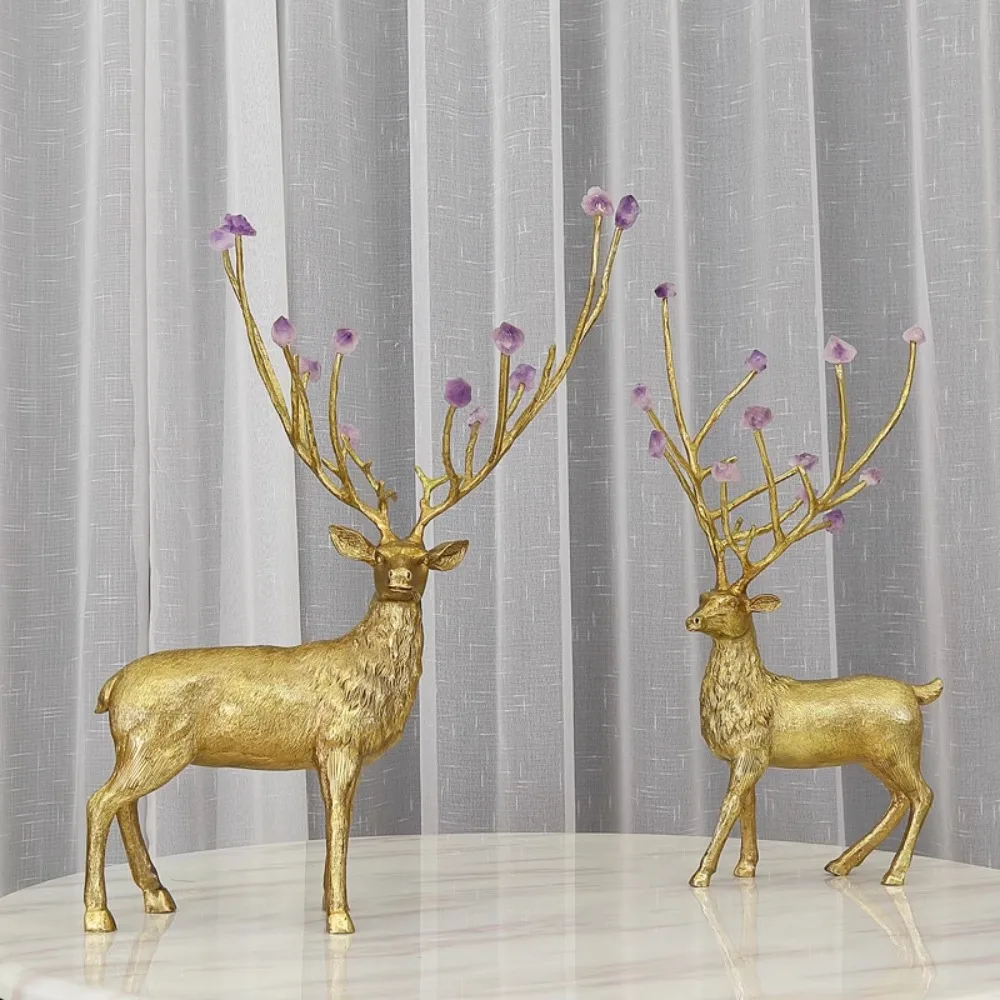 

Pure copper sika deer inlaid with amethyst in the foyer, living room, TV cabinet, home decoration crafts, villa home decorations