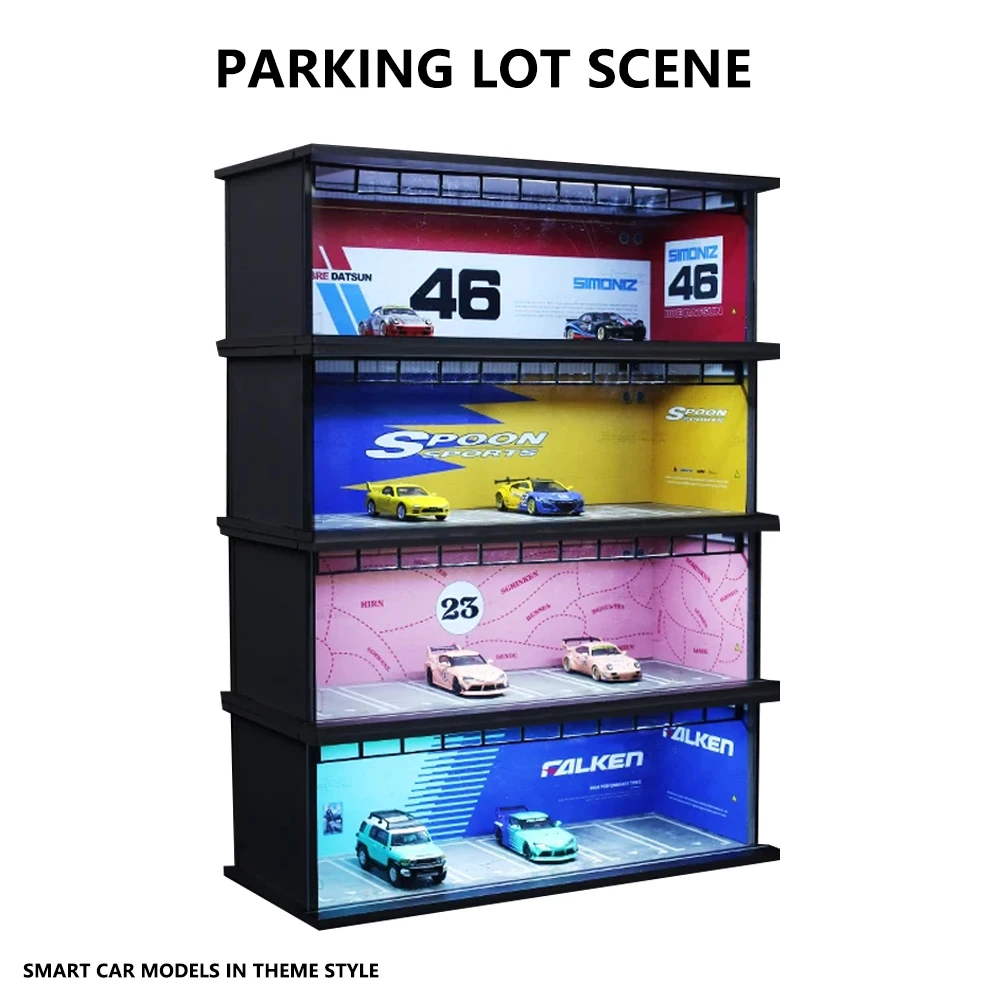 더 많은 예술 1/64 모델 주차 공간 로트 디오라마 자동차 주차 공간 조명 시뮬레이션 장식 장면