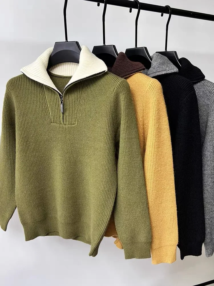 High-End-Marken-Trend-Männer-Pullover mit halbem Reißverschluss 2024, Herbst und Winter, neue lässige Mode, verdickter einfarbiger Strickpullover mit Stehkragen – Detail 4