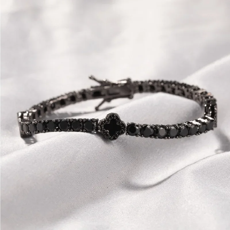 4mm Single Row Copper Embedded Zircon Men's Bracelet Hip Hop Simple Bla Four Le Clover Women's Tennis Chain Faion Jewelry