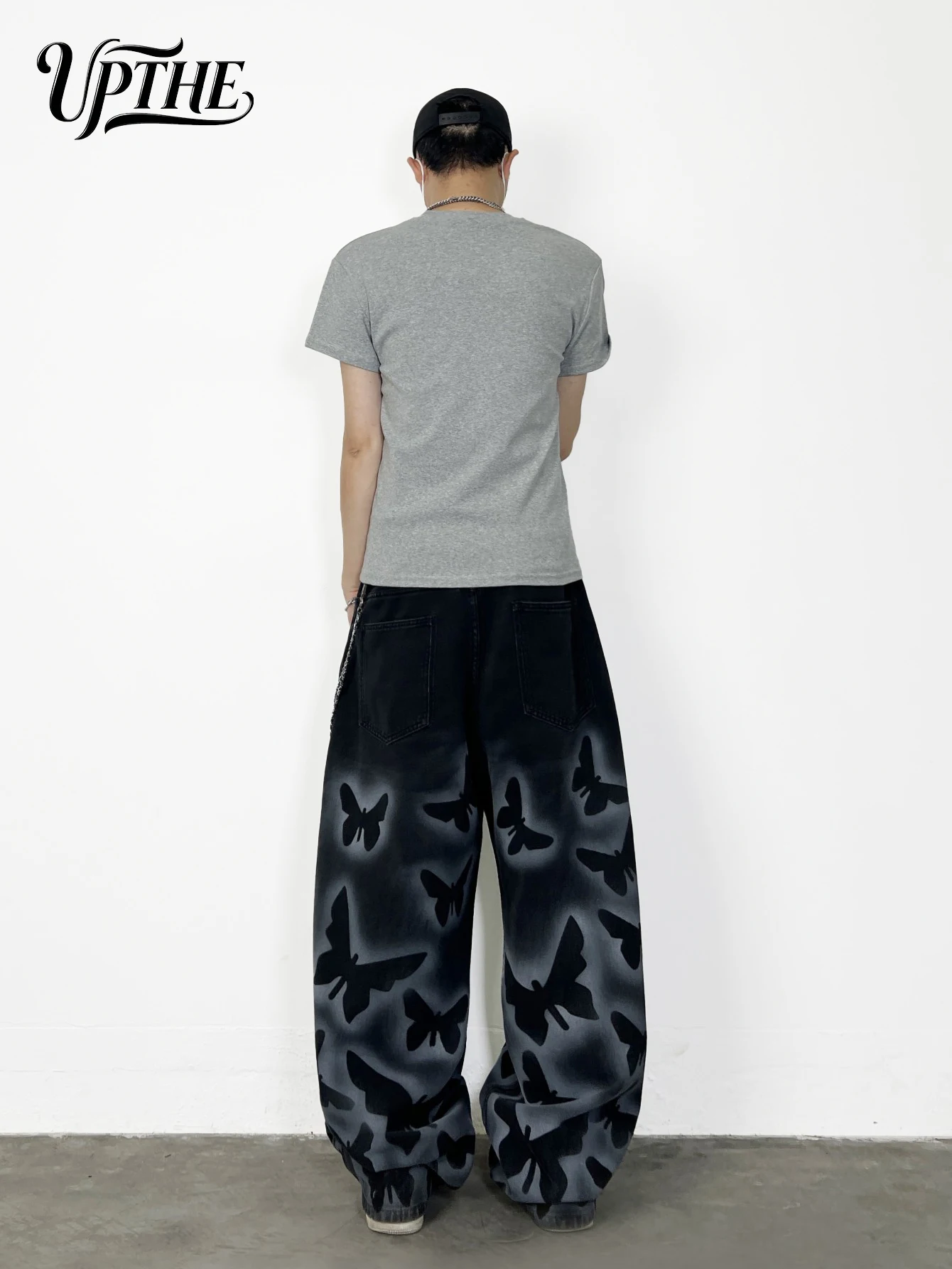 UPTHE Men's Baggy Wide Leg Black Jeans, Butterfly Print Gradient Washed Denim Pants, Oversized Loose Fit Y2K Hip Hop Streetwear Jeans for Men - view 6