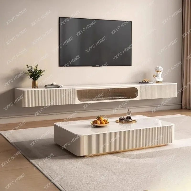 XX Large and small apartment light luxury minimalist living room cream wind rock slab creative storage square platform
