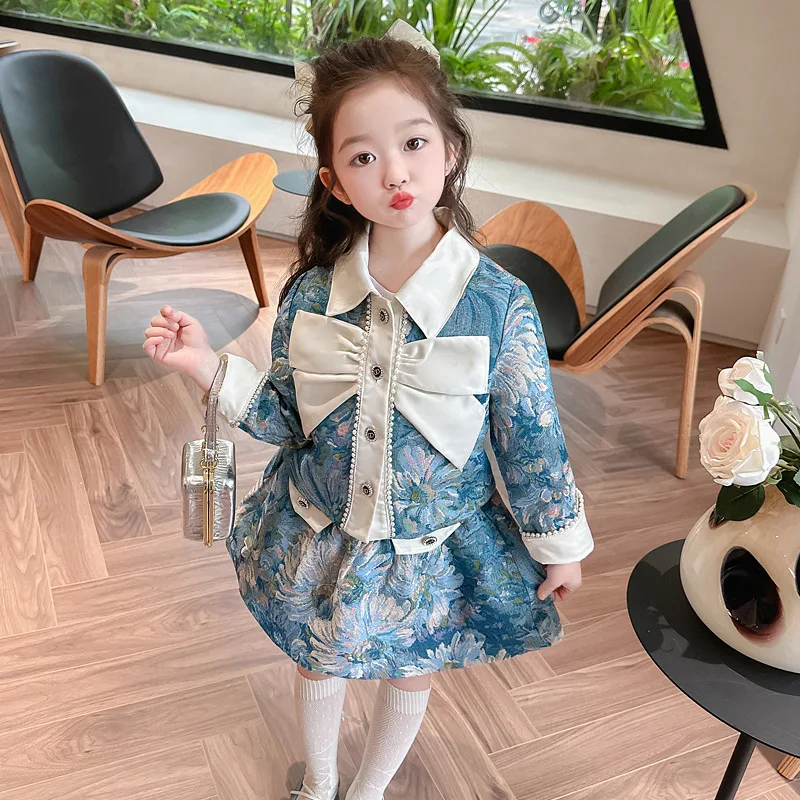 Girls Small Fragrant Wind Floral Suit Spring New Fashion Bow Long Sleeve Coat + Skirt Two-piece Set  Baby Girl Clothes