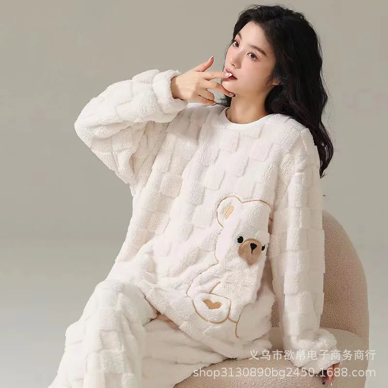 Womens Autumn Winter Warm Coral Velvet Pajamas Set Cute Cartoon Sleepwear Loose Top and Elastic Waist Pants Homewear PJ for Girl