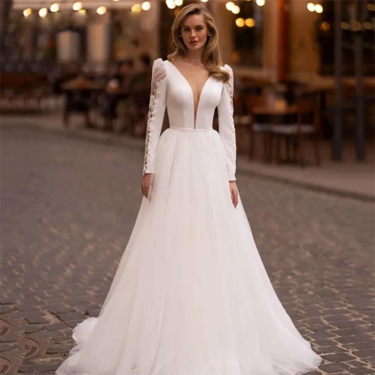 

Haohao Elegant A-Line Wedding Dress Illusion Back Spaghetti Strap Long Sleeve V-Neck Bridal Gown Sweep Train Vestidos De Novia