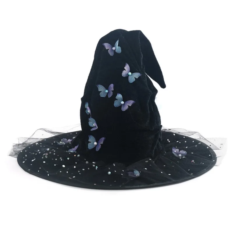 女性向け人気商品-新品-プリーツ加工-パーティーデコレーション-ハロウィン-ウィッチハット-カーブドボウ-メッシュ-ウィッチキャップ-eu-us