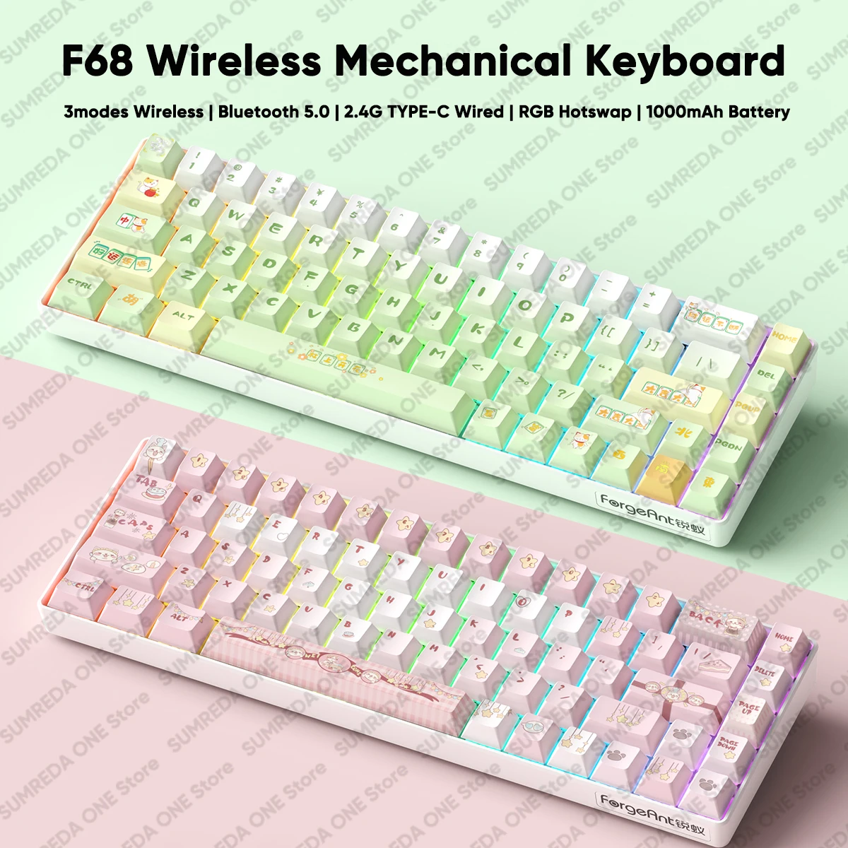 

SUMREDA F68 Беспроводная игровая механическая клавиатура с 60% раскладками Bluetooth 2,4G Проводная RGB-подсветка с горячей заменой Бесконтактная геймерская клавиатура