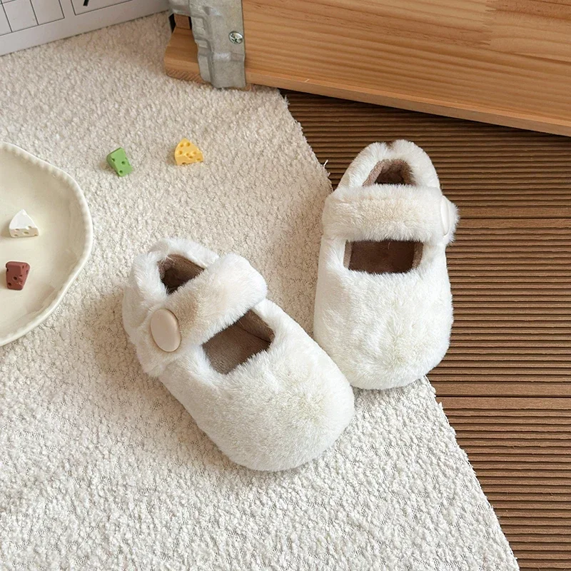 Toddler Girls Furry Mary Jane Shoes, Warm Fleece Lined Baby Flats, Adjustable Strap Non Slip Sole Winter Footwear for Daily Wear