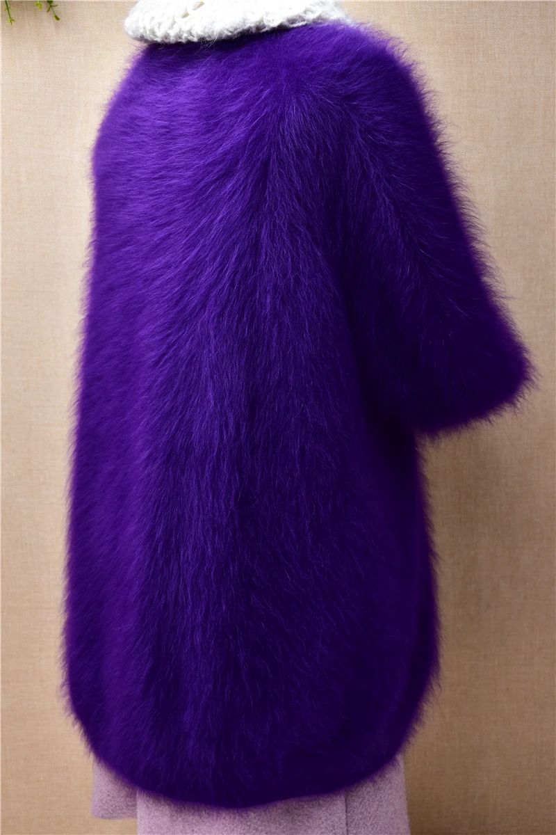 ladies women fashion purple hairy mink cashmere knitted long lantern sleeves slim mantle jacket coat sweater angora fur cardigan