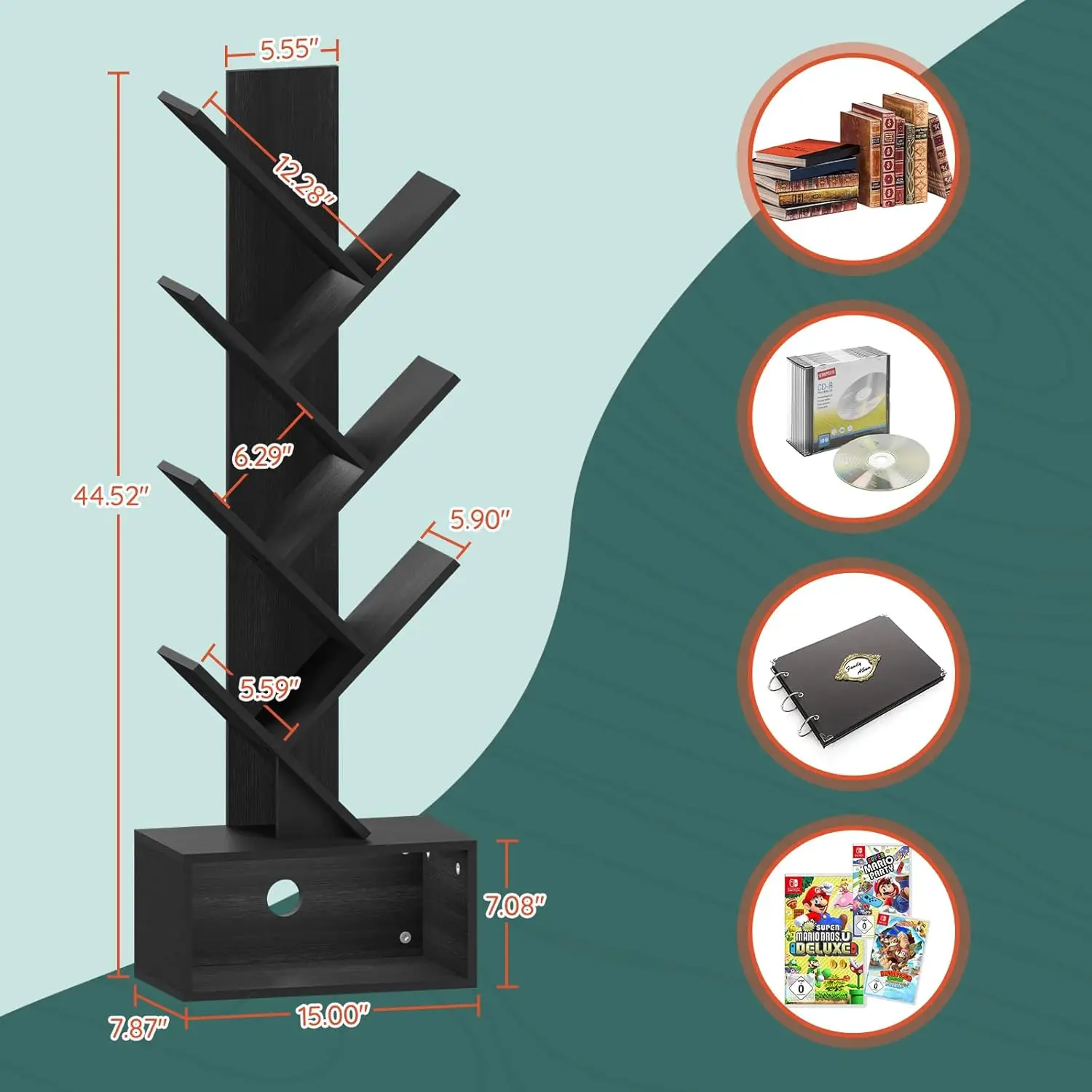 Tree Bookshelf - 6 Shelf Retro Floor Standing Bookcase, Tall Wood Book Storage Rack for CDs/Movies/Books