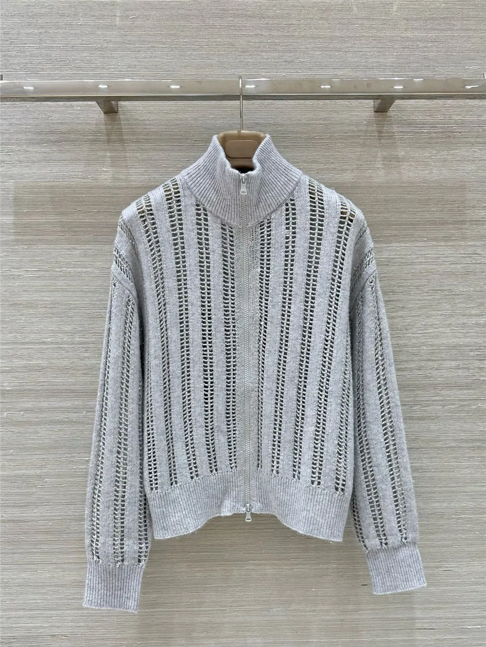 24 Women\'s Cashmere Beaded Hollow Cardigan Sweater High Collar Temperament Knitted Long-Sleeved Top