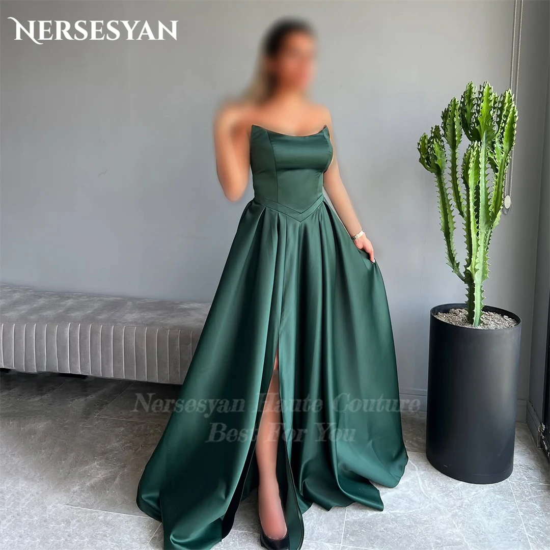

Nersesyan Emerald Green Elegant Prom Dresses Off Shoulder Satin Formal Evening Dress Side Slit Women Party Gowns 2025 Customized