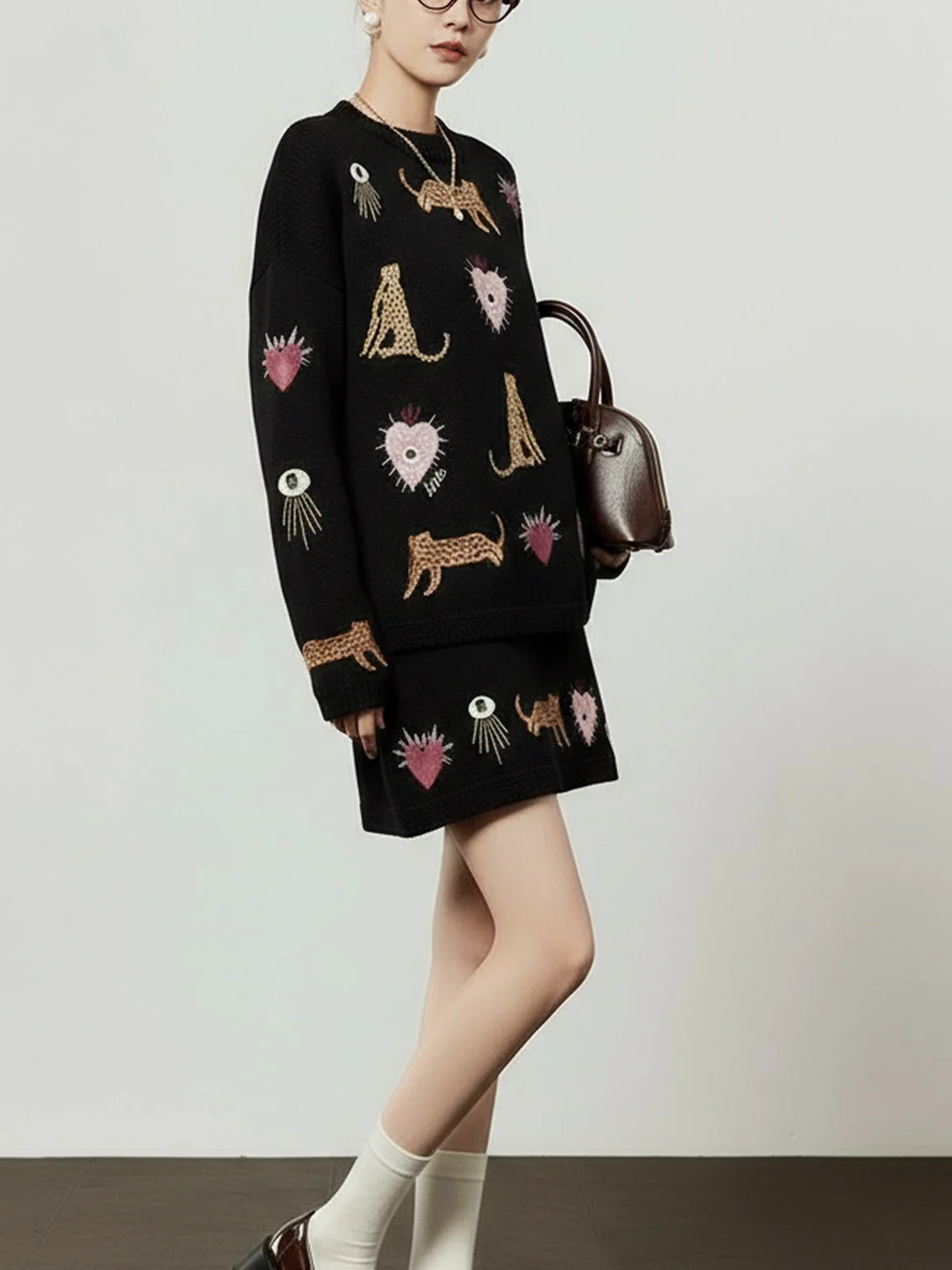 

Очаровательный двухцветный комплект с мультяшными животными: женский свободный свитер и юбка А-силуэта, осенне-зимний модный комплект из двух предметов