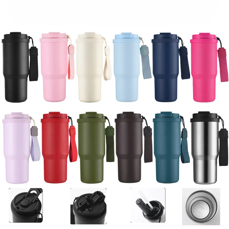 

New Coffee Stainless Steel Insulated Simple Car Portable Flower Coffee Vacuum Flasks & Thermoses Tools Dual Drinking Straw Cup