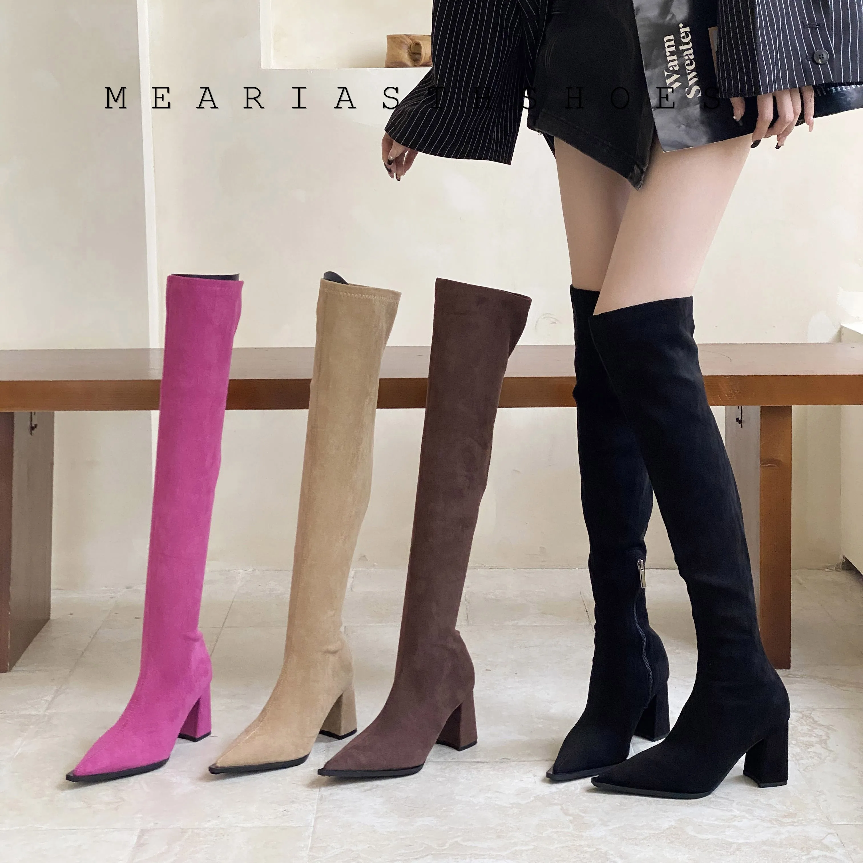 women boots Fashion Pointed Toe Over-the-Knee Boots Woman Square thick Heels Street Style Shoes Thigh High Zipper Long Booties