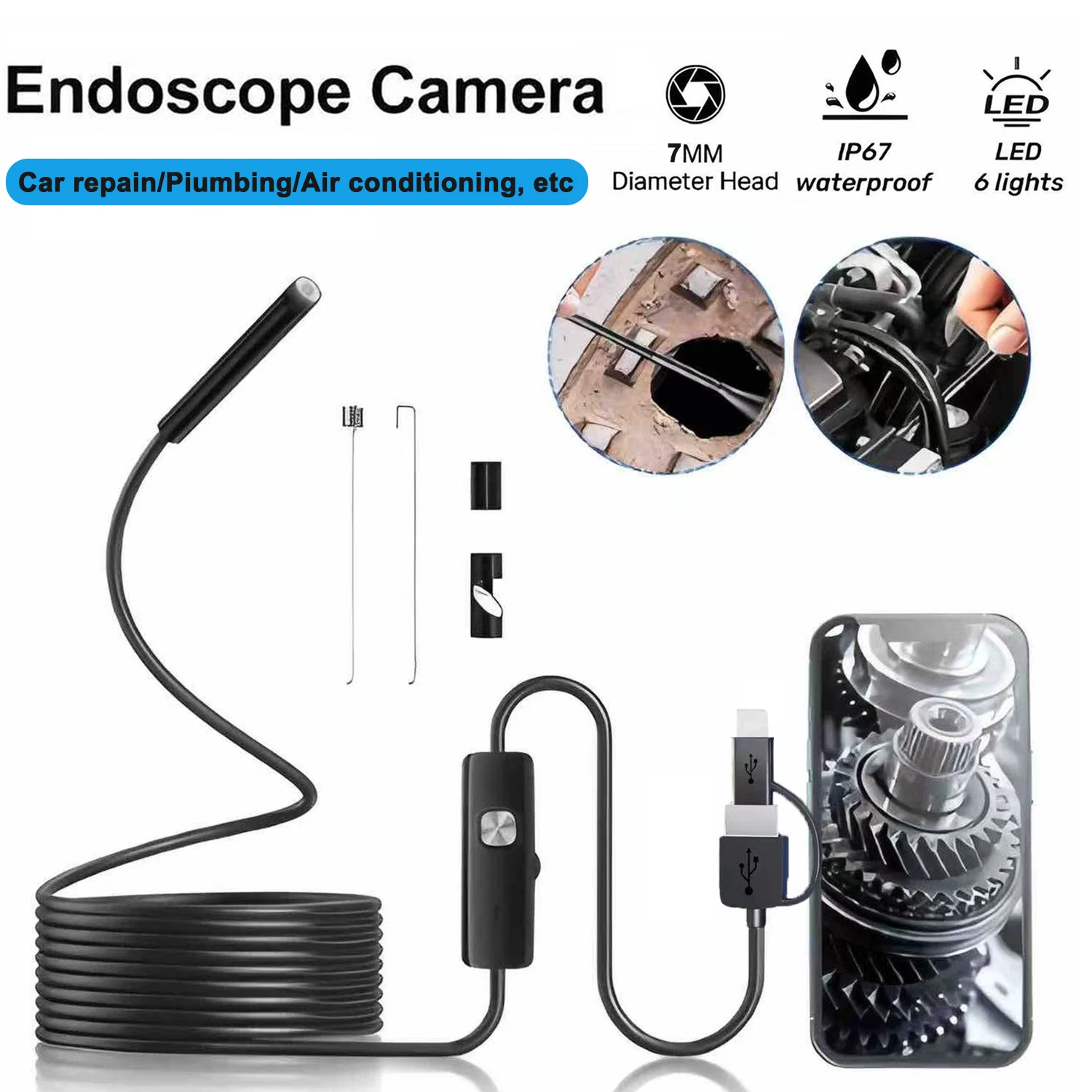 

3-in-1 7MM TYPE-C Endoscope Camera IP67 Waterproof 6 LEDs Adjustable Android Flexible Inspection Borescope Camera for Phone PC