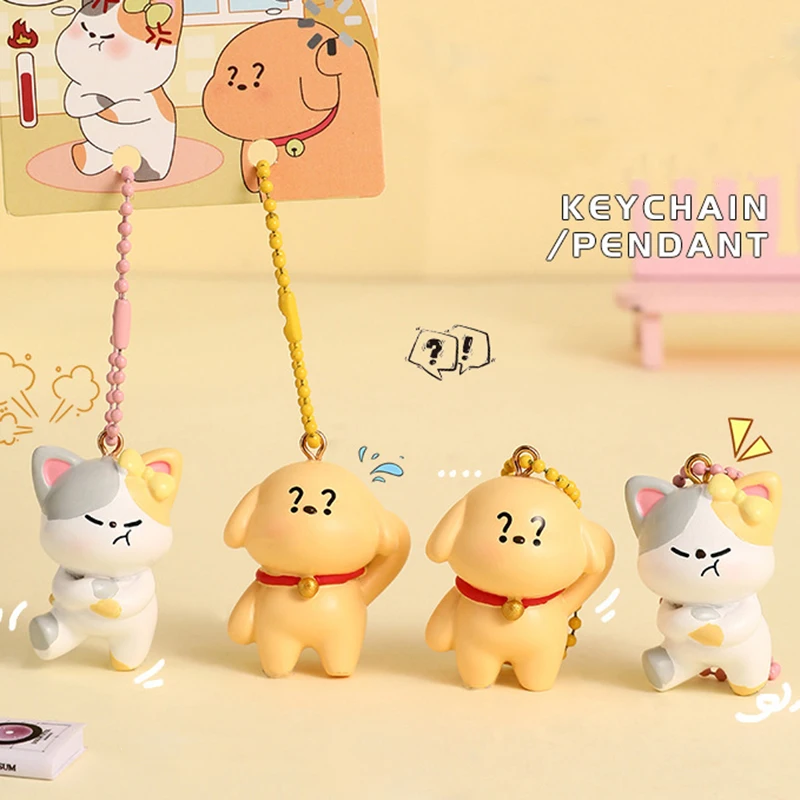 Creative Animal Guess Angry Cat Idea Couple Key Chain Cute Question Mark Eyebrows Eyes Can't Understand Dog Pair of Doll Keyring