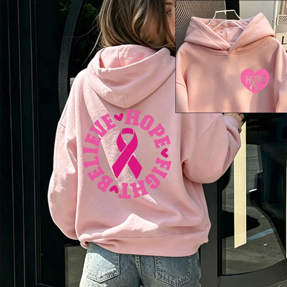 Believe Hope Fight Breast Cancer Awareness Hoodie Pink Ribbon Heart Letter Graphic Front Back Print Cancer Warrior Hooded Tops