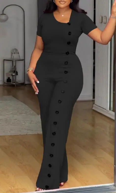 

Summer Irregular Collar Waistband Wide Leg Single Breasted Decorative Jumpsuit for Women, Fashionable and Personalized Jumpsuit