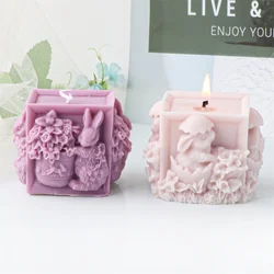 Easter Square Column Flower Rabbit Silicone Candle Mold DIY 3D Embossed Bunny Soap Crystal Making Tool Animal Ice Tray