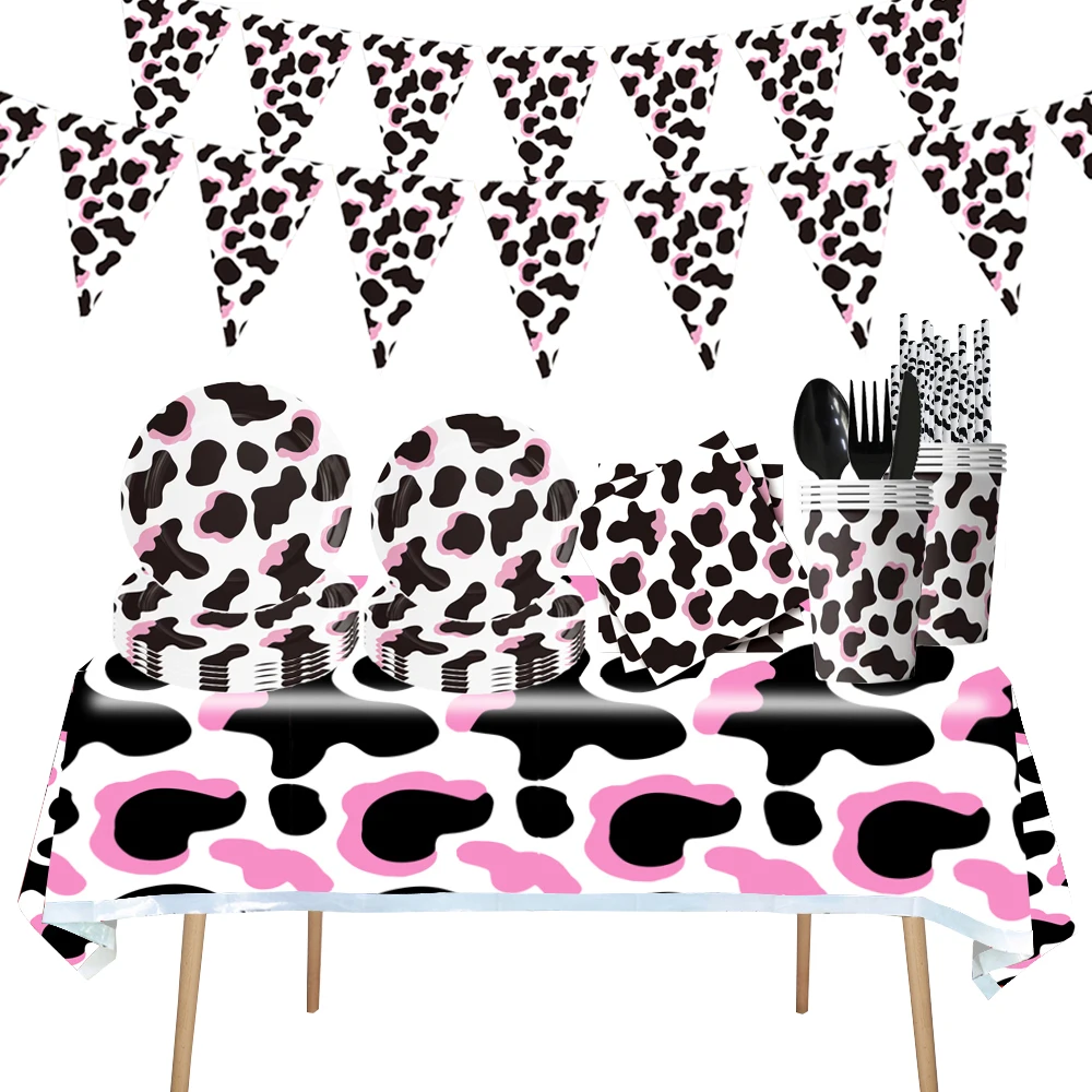 

Farm Theme Cow Party Decoration Supplies Pink Cow Printing Disposable Tableware Paper Cup Table Cloth Farm Animal Party Supplies