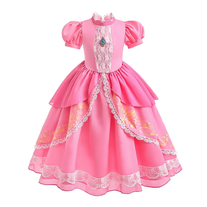 Halloween Peach Costume For Baby Girl Lace Dress Christmas Kid Pink Wedding Party Frock+Wig 10 Set Child Tunic Clothes KD001