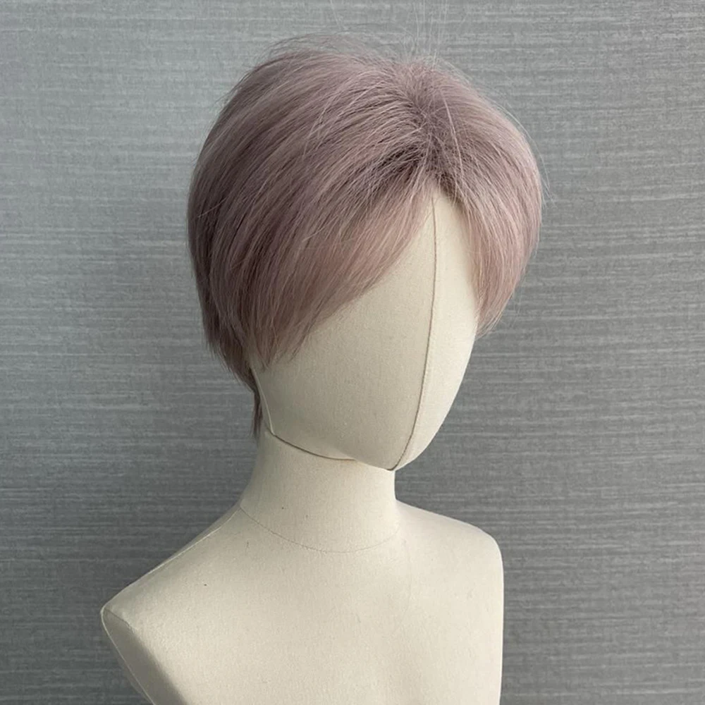 Grey Purple Men Short Straight Wig with Bangs Synthetic Fluffy  Cosplay Heat Resistant Wig for Daily Party