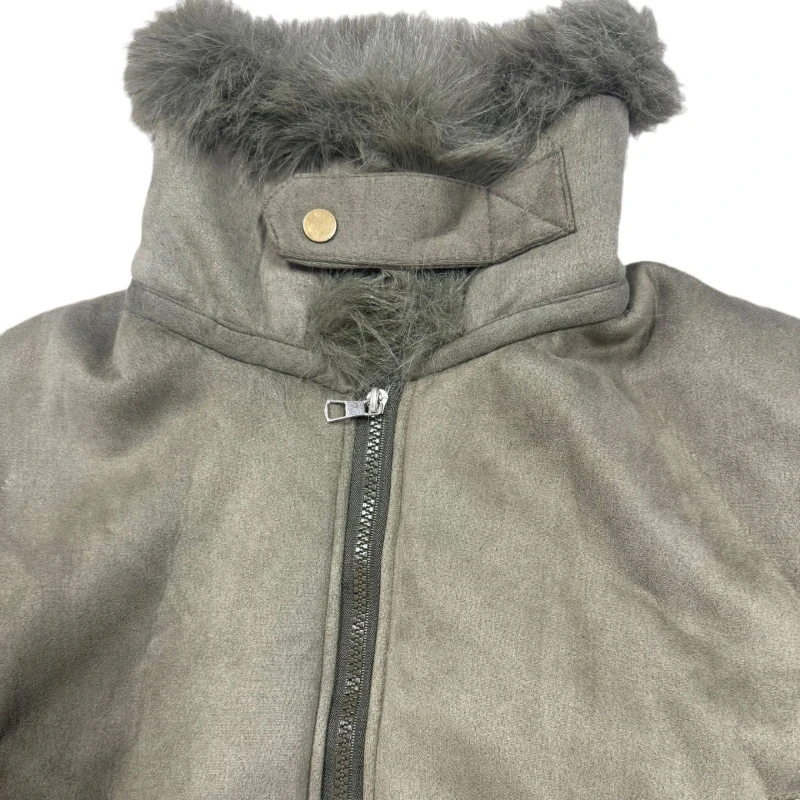 Gekerbter Kragen, Kunstpelzjacke, Wildleder, Reißverschluss, grün, kurzer Plüschmantel, warm, dick, Kunstfuchskragen, pelzige Jacken, flauschiger Straßenluxus