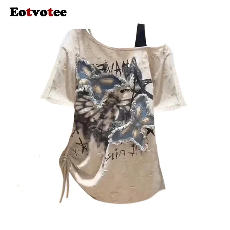 EOTVOTEE Graphic T Shirts Women Off Shoulder Harajuku Y2k Tee Top Vintage Aesthetic Oversize Short Sleeve T-shirt 2000s Clothes