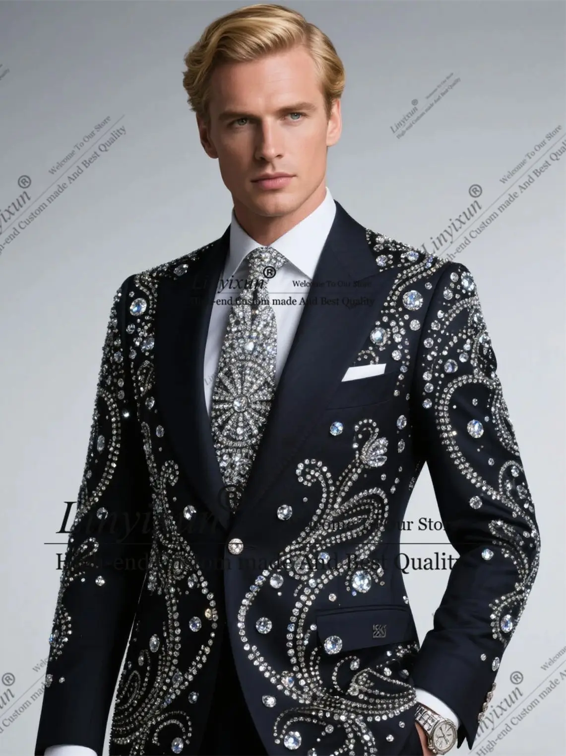 

Роскошные мужские костюмы с металлическими украшениями, комплекты из 2 предметов, мужские пиджаки для выпускного вечера, индивидуальные смокинги для жениха с остроконечными лацканами, тонкие Ropa Hombre