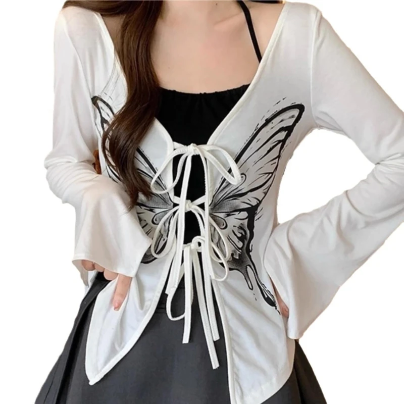 Flared Long Sleeve Sweater for Women Butterfly Print Tie Front Knitted Cardigan Dropshipping