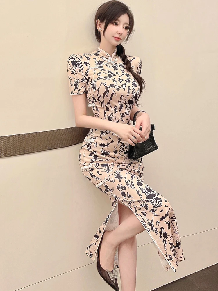 Zomer Print Korte Mouw Stand Kraag Slit Lange Jurk Vrouwen Vintage Bodycon Cheongsam Jurk 2025, Koreaanse Elegante Luxe Vestidos