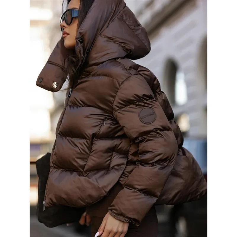 

Women's Brown Puffer Jacket Hooded Design Full Sleeve Zipper Quilted Fabric Coat Winter Casual Outings Daily Wear Cold Weather