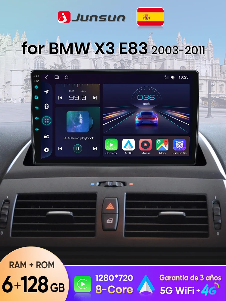 Junsun Wireless CarPlay Android Auto Autoradio für BMW X3 E83 2003 2004-2011 GPS Auto-Intelligentes System BT FM RDS Spanisch Lokal