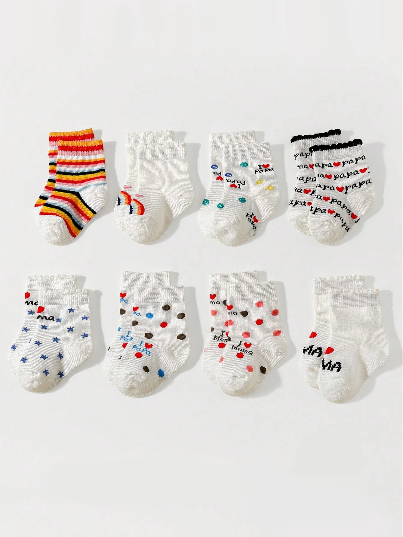 8 Pairs of Baby Girls and Boys White Cute Love Mama & Papa Socks, Soft and Comfortable Short Socks Suitable for Infant Daily Wear