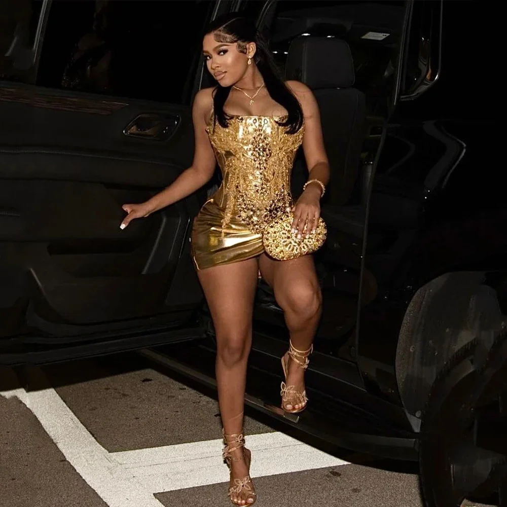 

Gold Glitter Prom Gown Tight Corset Mini Evening Dress Sexy Short Special Occasion Party Gown Cocktail Event Wear Customized