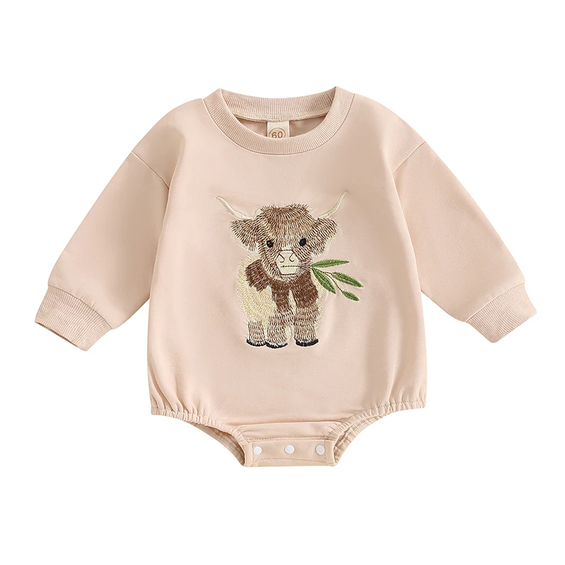 

Baby Girl Boy Romper Long Sleeve Crewneck Cattle Embroidery Jumpsuit Infant Casual Fall Winter Clothes