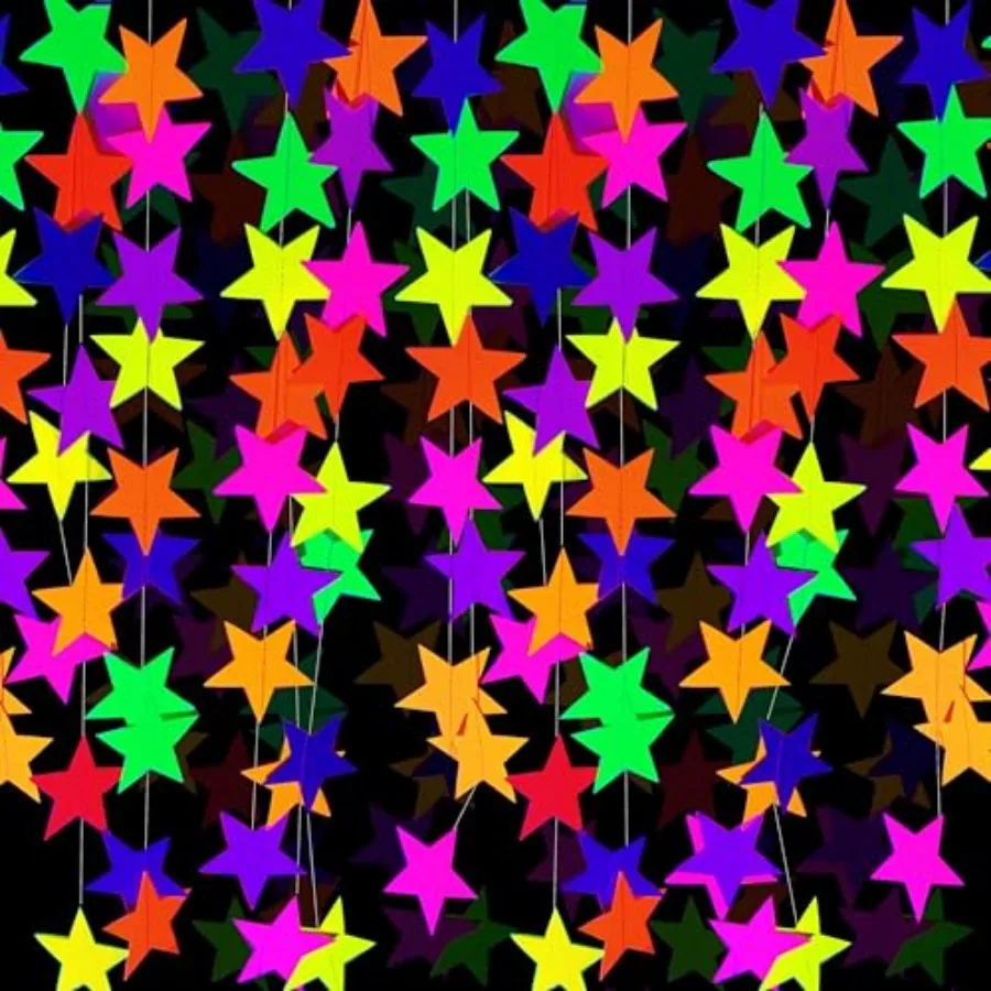 Guirnaldas de Papel Fluorescentes de 120 Pies con Diseño de Estrellas UV, Brillan en la Oscuridad, Decoración para Fiestas con Luz Negra