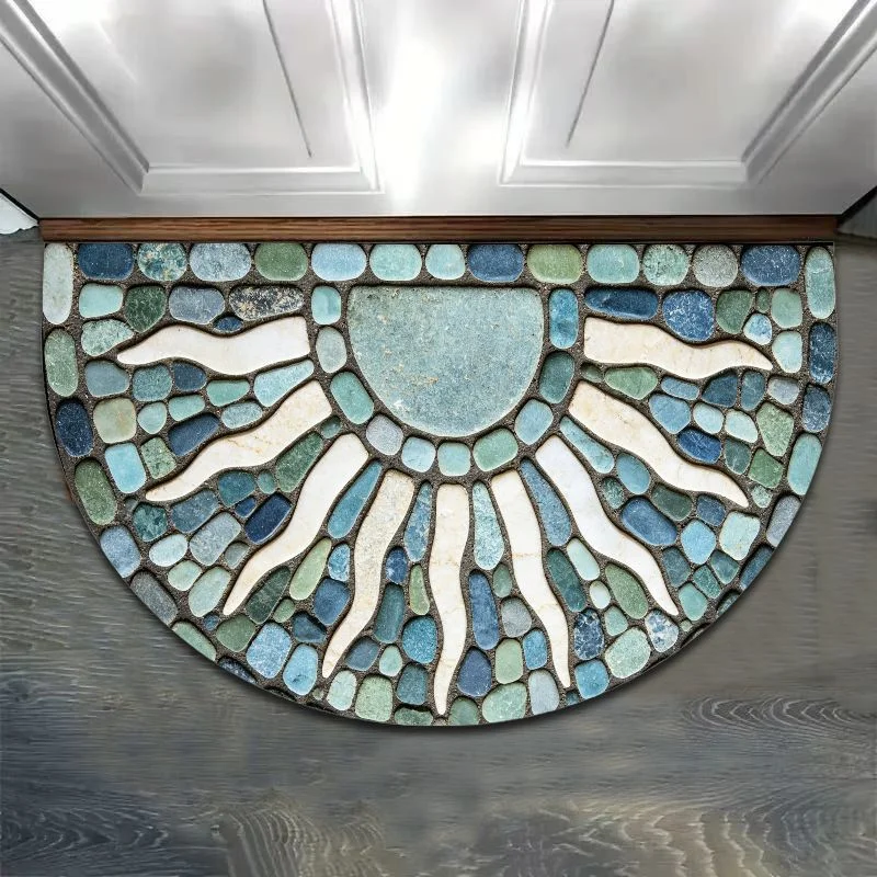 VIKAMA Half Round Ocean Blue Sunrise Doormat Pebble Stone Border Non Slip Washable Front Door Mat Coastal Home Decor