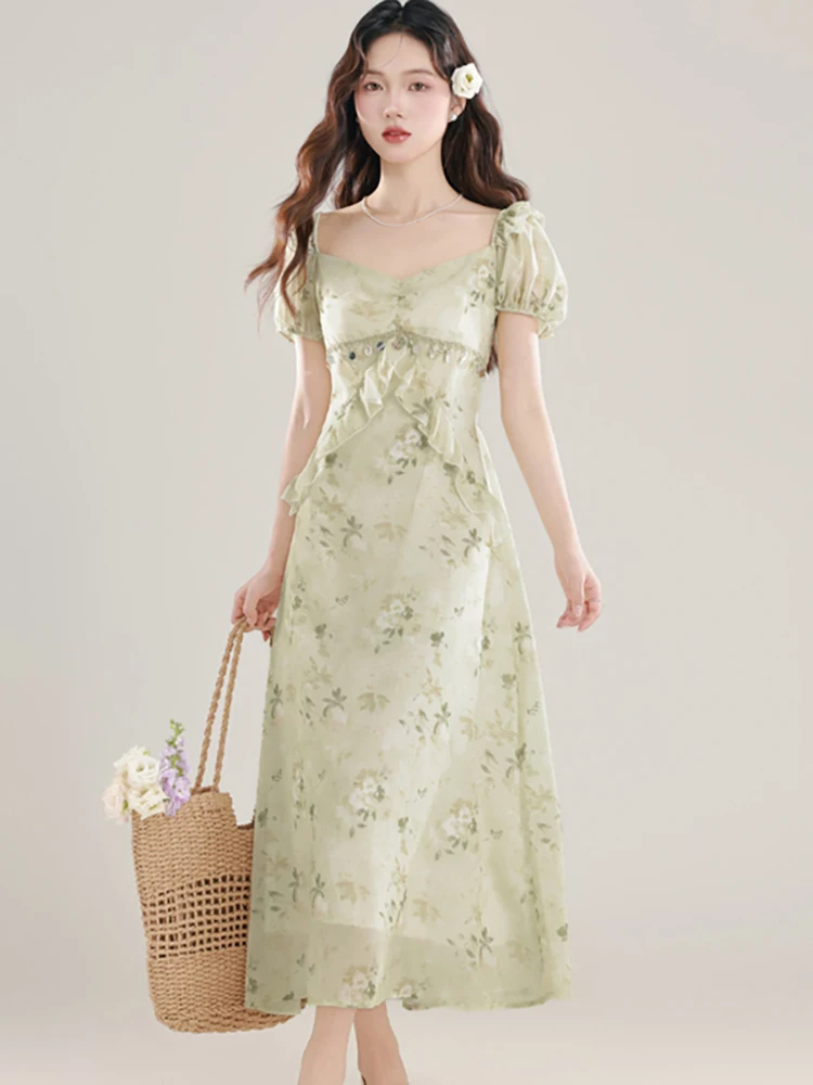 Zomer Groene Bloemen Chic Diamons Ruches Jurk Vrouwen Bladerdeeg Mouw Vierkante Kraag Casual Jurk 2023 Koreaanse Mode Bodycon Vestidos