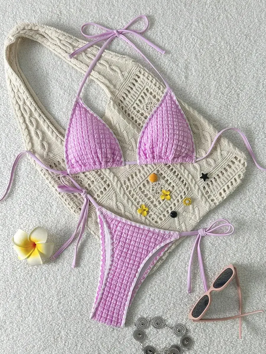

Womens Textured Solid Color Bikini Set With Spaghetti Straps And Side Tie Bottoms