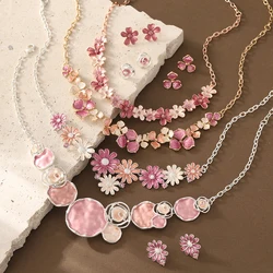 Fashion Pink Flower Necklace and Earrings Set for Women Accessories New Trendy Silver Color Jewelry Sets Party Prom Gift