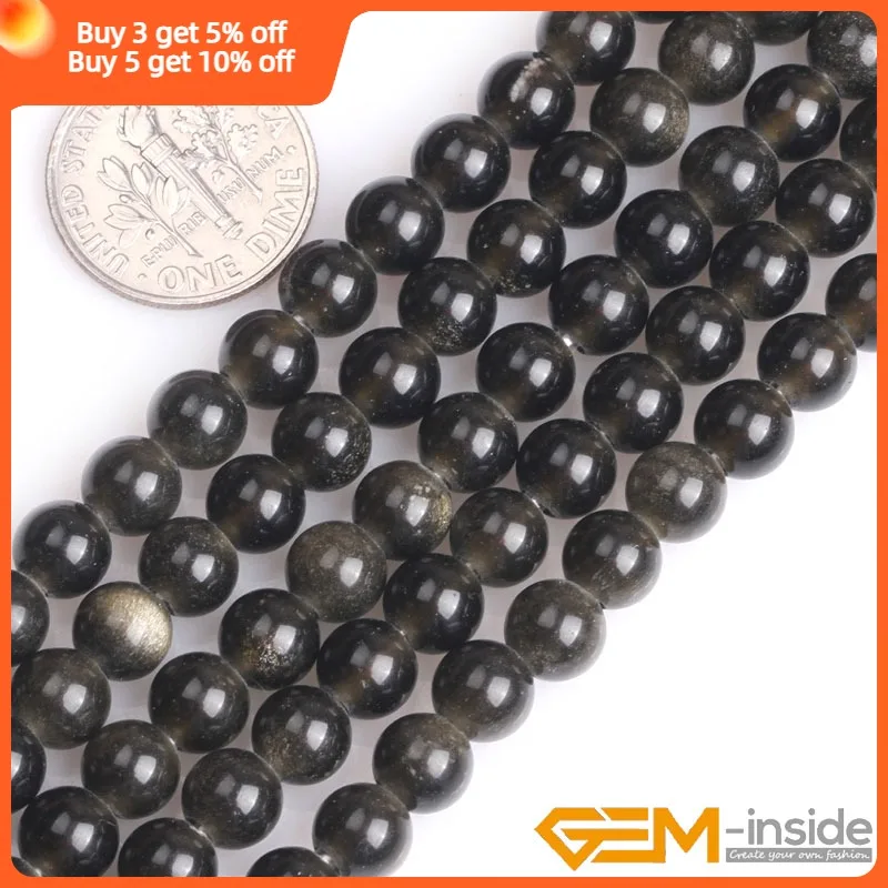 1.5mm-2mm Big Hole Natural 6mm 8mm 10mm12mm Round Golden Black Obsidian Stone Loose Beads For Jewelry Making 15