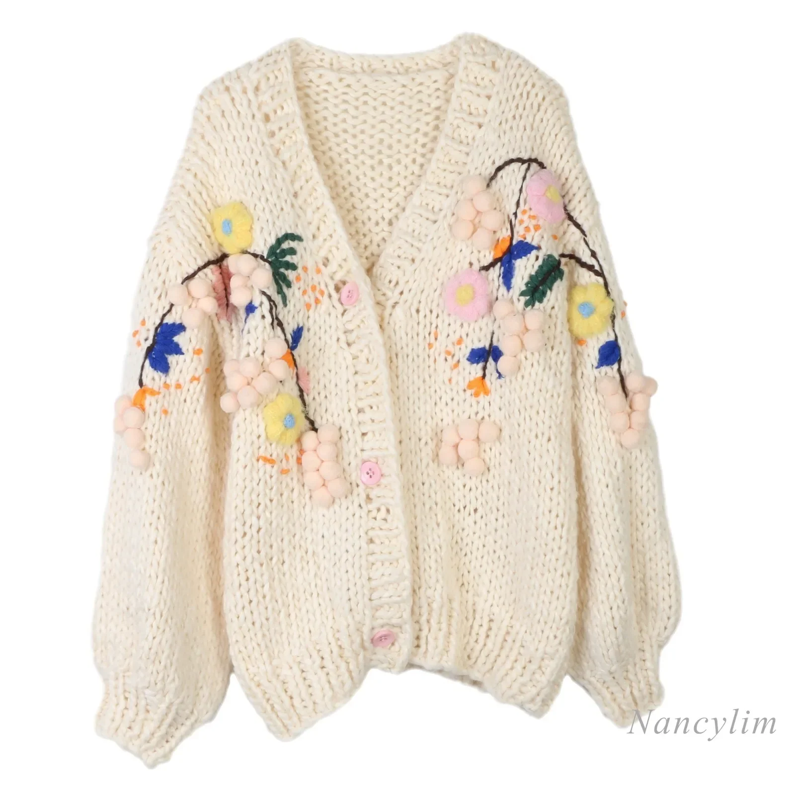 

Autumn and Winter Loose Cardigan New Long-Sleeved Wool Sweater Heavy Industry Hand Crochet Flowers Idle Style Thick Cardigans